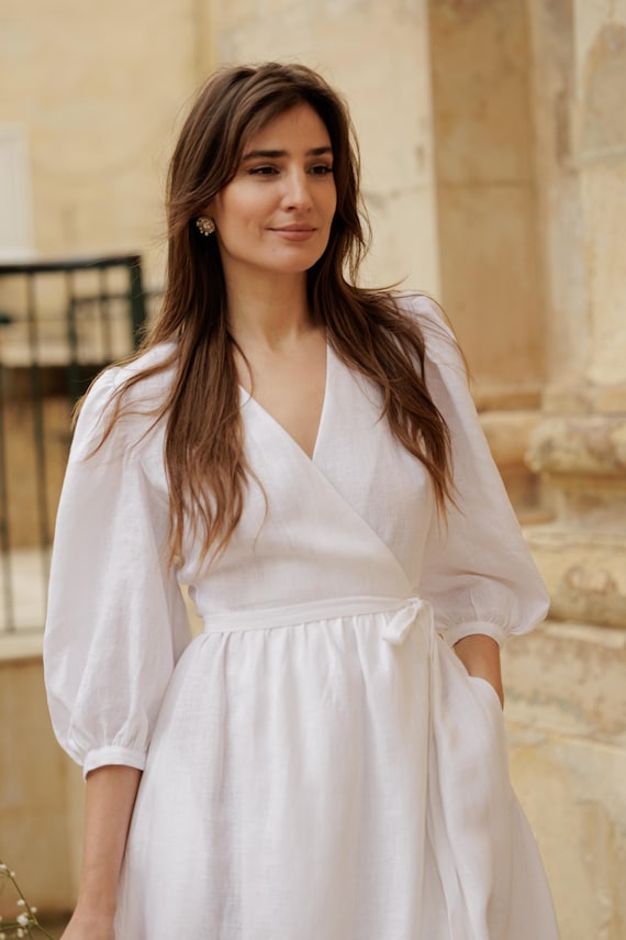 Puff Sleeve Wedding Dress VERONA, White Woman's Dress, Romantic Wedding Dress, Long Wrap Dress, Wedding Dress 3/4 Sleeve, Wrap Wedding Dress - Etsy Puff Sleeve Wedding Dress VERONA, White Woman's Dress, Romantic Wedding Dress, Long Wrap Dress, Wedding Dress 3/4 Sleeve, Wrap Wedding Dress - Etsy