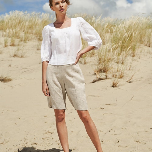 Square Neck Linen Top ESTHER: Bishop Sleeves, Crop Length - Etsy