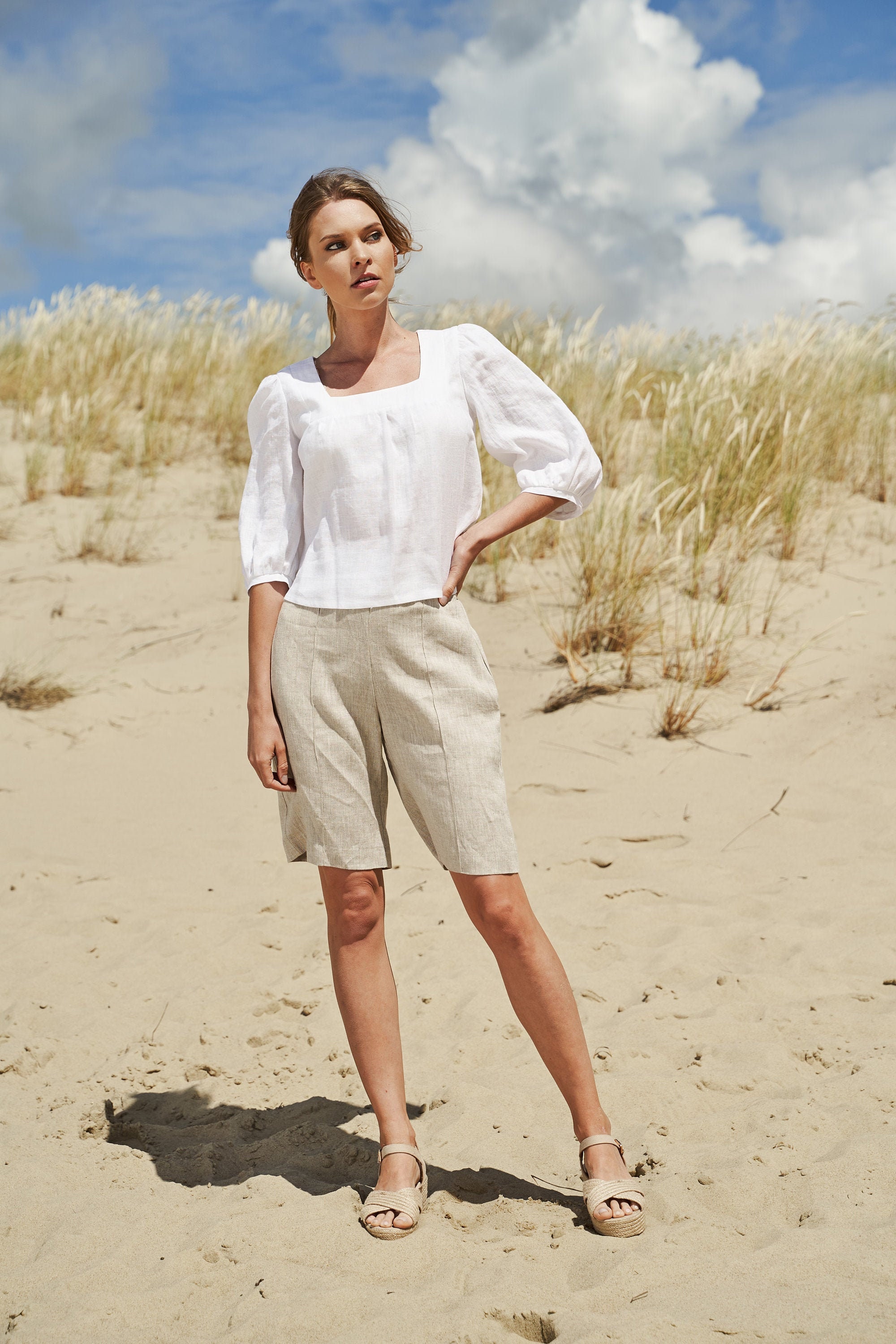 Square Neck Linen Top ESTHER: Bishop Sleeves, Crop Length - Etsy