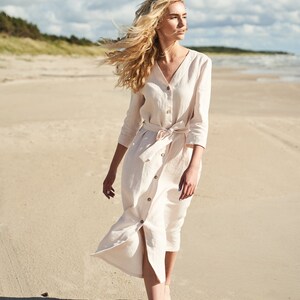Linen Button Down Dress SANTANA: Long Sleeve Maxi with Belt & Pockets Ivory