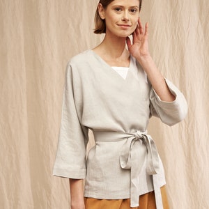 Linen wrap top ROMA, Linen blouse, Linen tops for woman, Linen wrap kimono blouse, Wrap linen clothing, Elbow sleeves linen blouse image 2