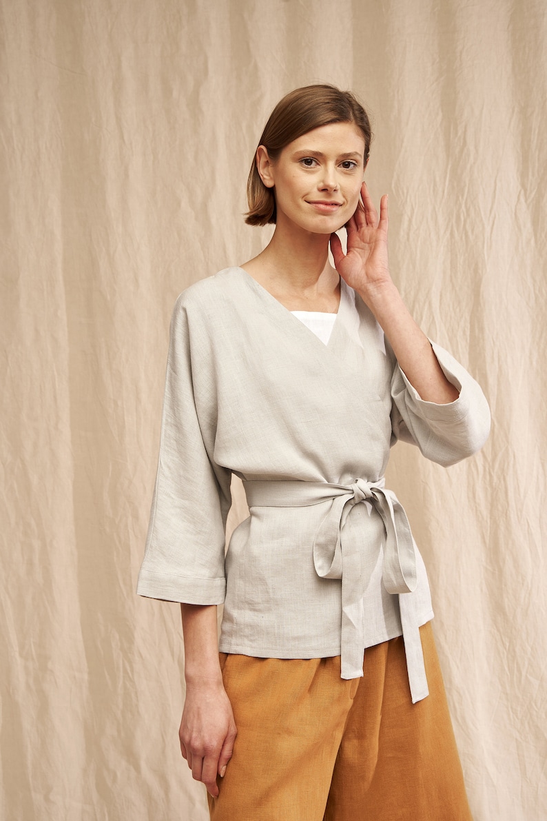 Linen wrap top ROMA, Linen blouse, Linen tops for woman, Linen wrap kimono blouse, Wrap linen clothing, Elbow sleeves linen blouse image 2