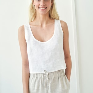 Linen crop top STELLA, Linen tank top, Linen sleeveless top, Natural linen top, Scoop neck crop top for woman, Linen casual top Optic White