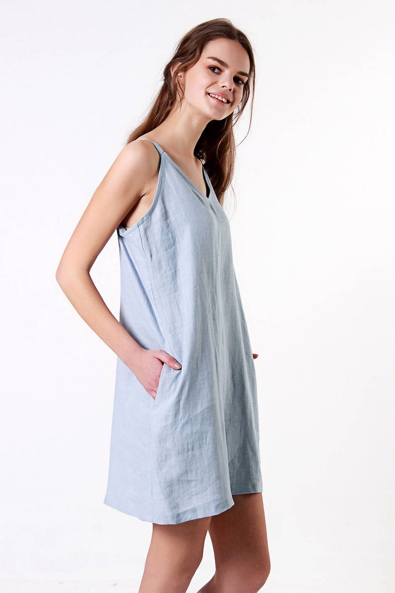 Loose Linen Dress Bluish Grey Linen Dress Linen Dresses for woman GIA dress Linen Tank Dress Linen Tunic Dress Spaghetti Strap Dress