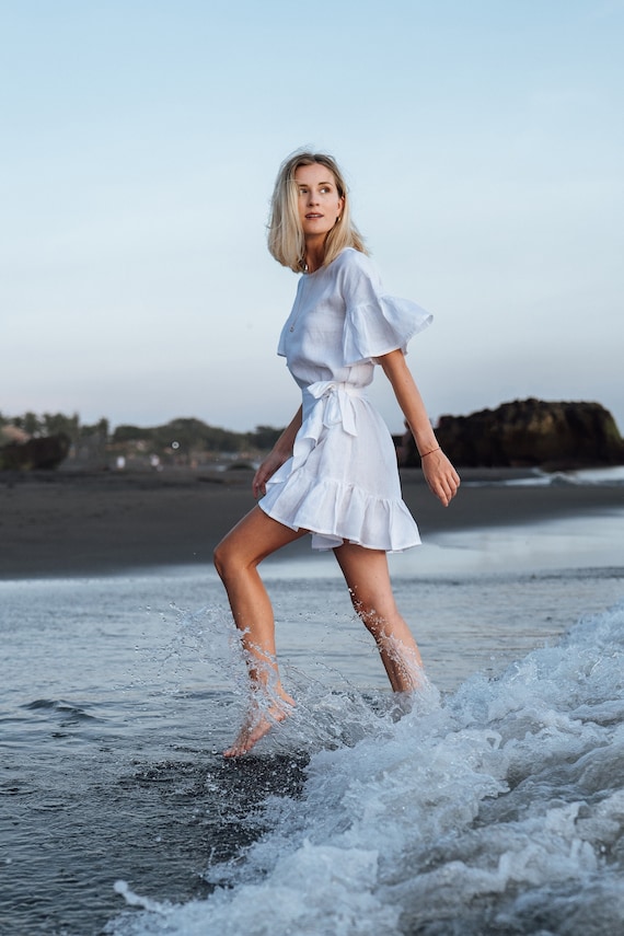 Linen Dress CHERYL Linen Wrap Dress With Ruffle Mini Summer