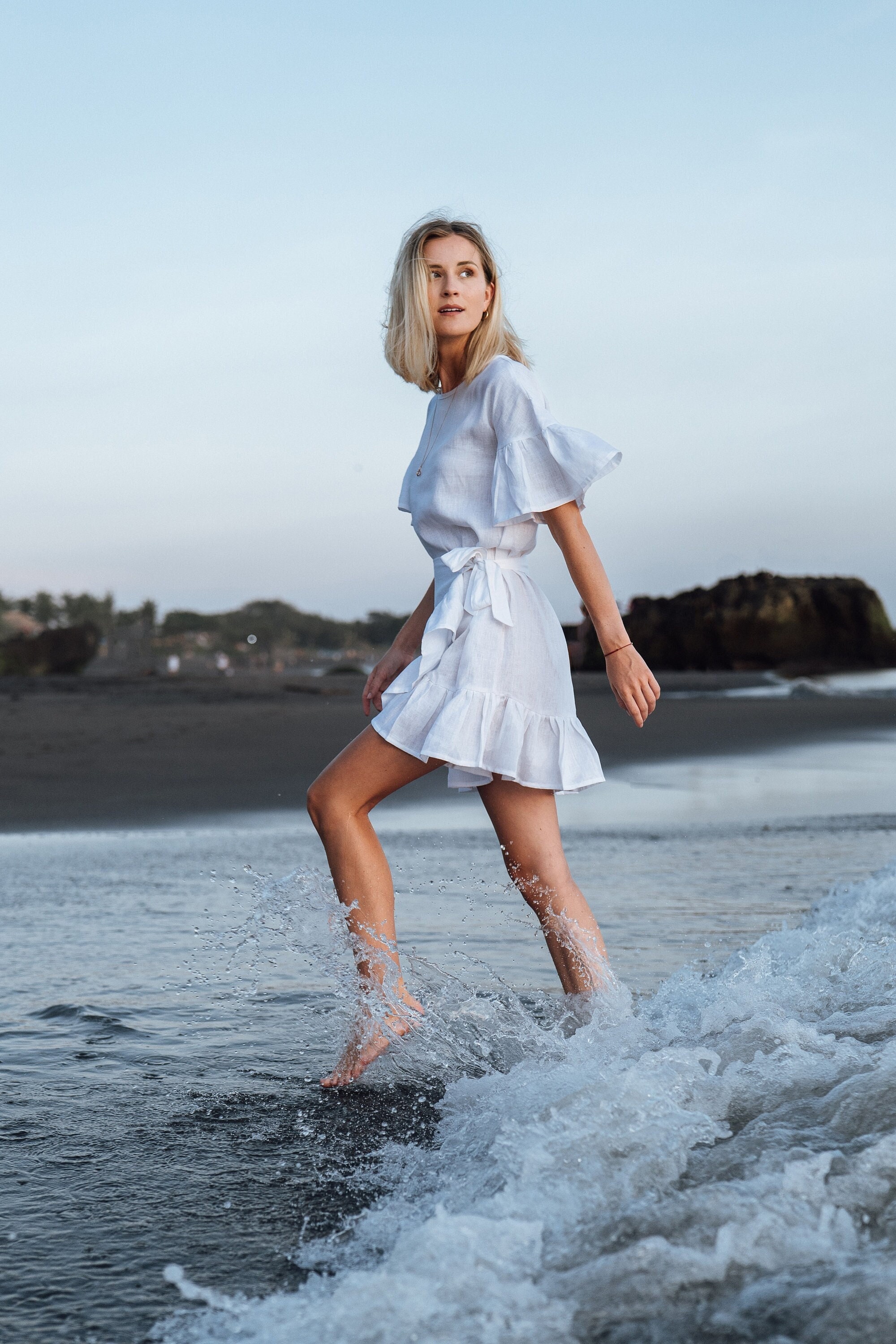 Linen Wrap Mini Dress Cheryl Ruffle Detail, Bow Belt