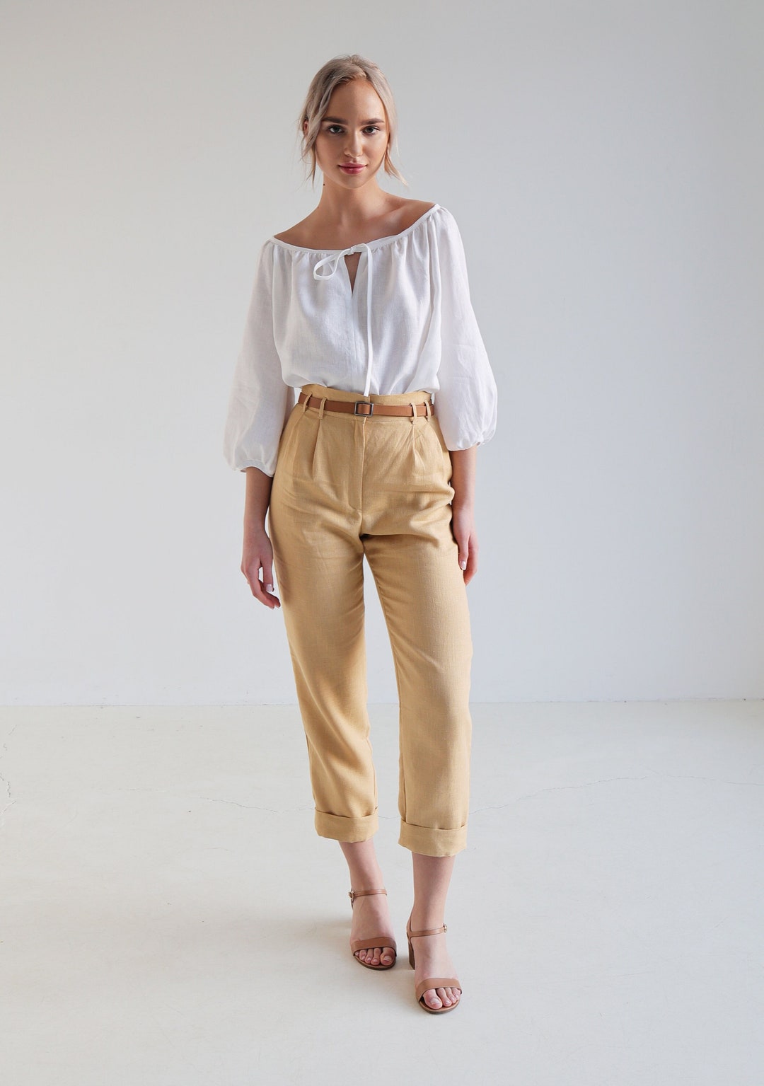 Scoop Neck Linen Top BLOOM, Elbow Sleeves Linen Top, Linen Blouse With ...