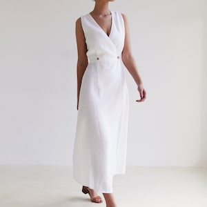 Robe maxi en lin RIVIERA, Robe longue sans manches, Robe portefeuille en lin blanc, Robe portefeuille, Robe en lin, Robe d'été, Robe en lin naturel image 4