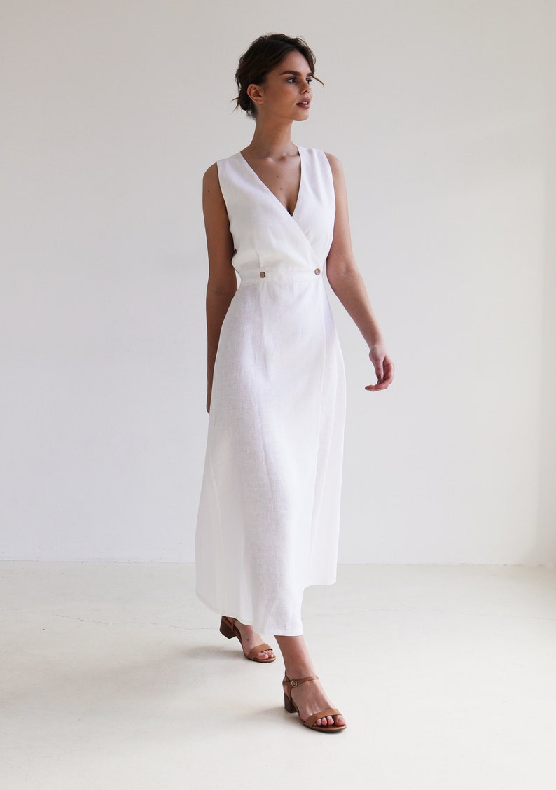 Robe maxi en lin RIVIERA, Robe longue sans manches, Robe portefeuille en lin blanc, Robe portefeuille, Robe en lin, Robe d'été, Robe en lin naturel image 4