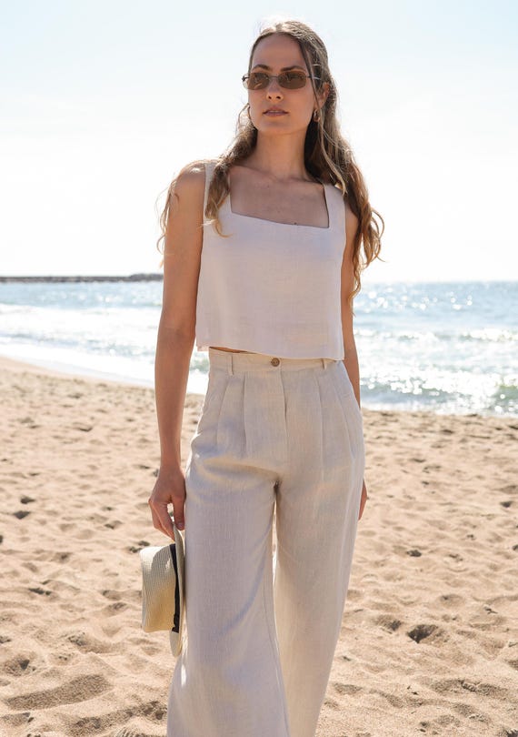 Linen Crop Top: Square Neck Sleeveless Blouse HEIDI, Washed