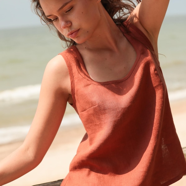 Handmade Linen Tank Top: Square Neck Sleeveless Beach Top