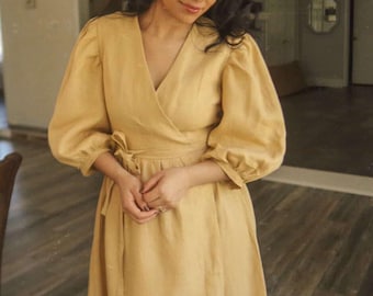 Puff sleeves wrap linen dress VERONA, Romantic dress, A line dress with puff sleeves, Flowy linen summer dress, V neck dress for woman