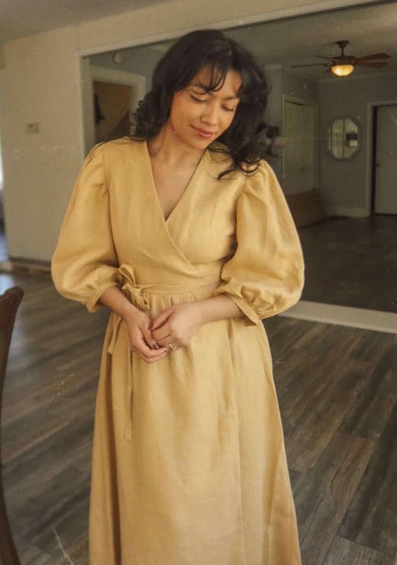 Puff sleeves wrap linen dress VERONA, Romantic dress, A line dress with puff sleeves, Flowy linen summer dress, V neck dress for woman