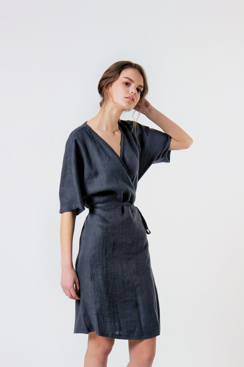 Linen wrap dress NOELLE, Linen dress in available in 27 colors, Linen kimono sleeve dress, Linen wrap dress, Short sleeve knee length dress Black