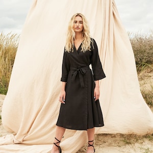 Long linen wrap dress THALIA, Below the knee length linen dress, Elbow sleeves linen dress in black, A line linen dress with kimono sleeves Black