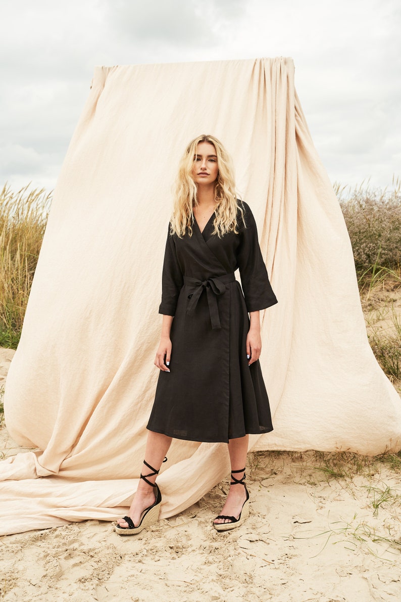 Long linen wrap dress THALIA, Below the knee length linen dress, Elbow sleeves linen dress in black, A line linen dress with kimono sleeves Black