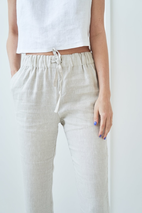 Linen Woman's Pants KAIA, Linen Drawstring Pants in Crop Length With Side  Pockets, Linen High Waist Pants for Woman 