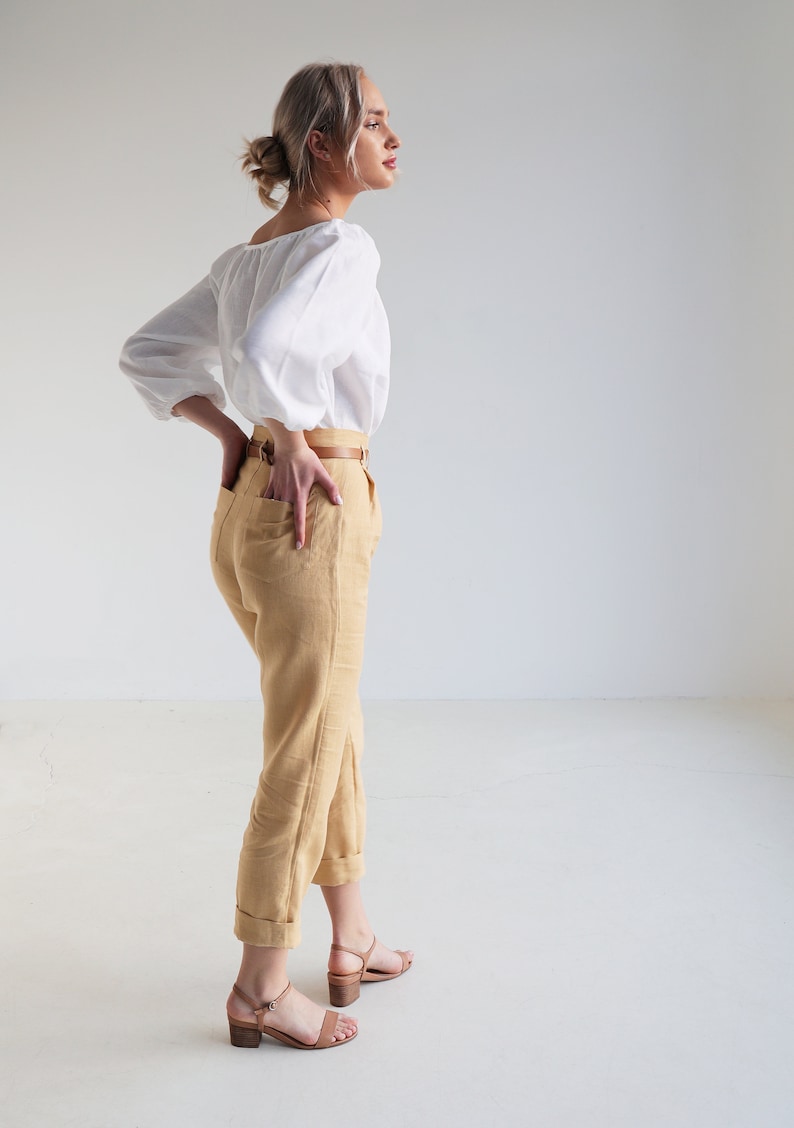 High waisted linen pants CHICAGO, Tapered linen pants, Linen pants for woman, Linen pants folded at the bottom, Vintage inspired pants image 2