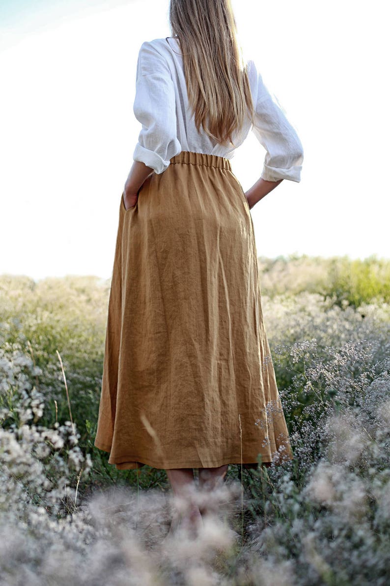 Linen skirt FLORENCE, Maxi linen skirt, Mustard linen skirt, Linen skirt with pockets, Linen maxi skirt, Ruffled back skirt image 7