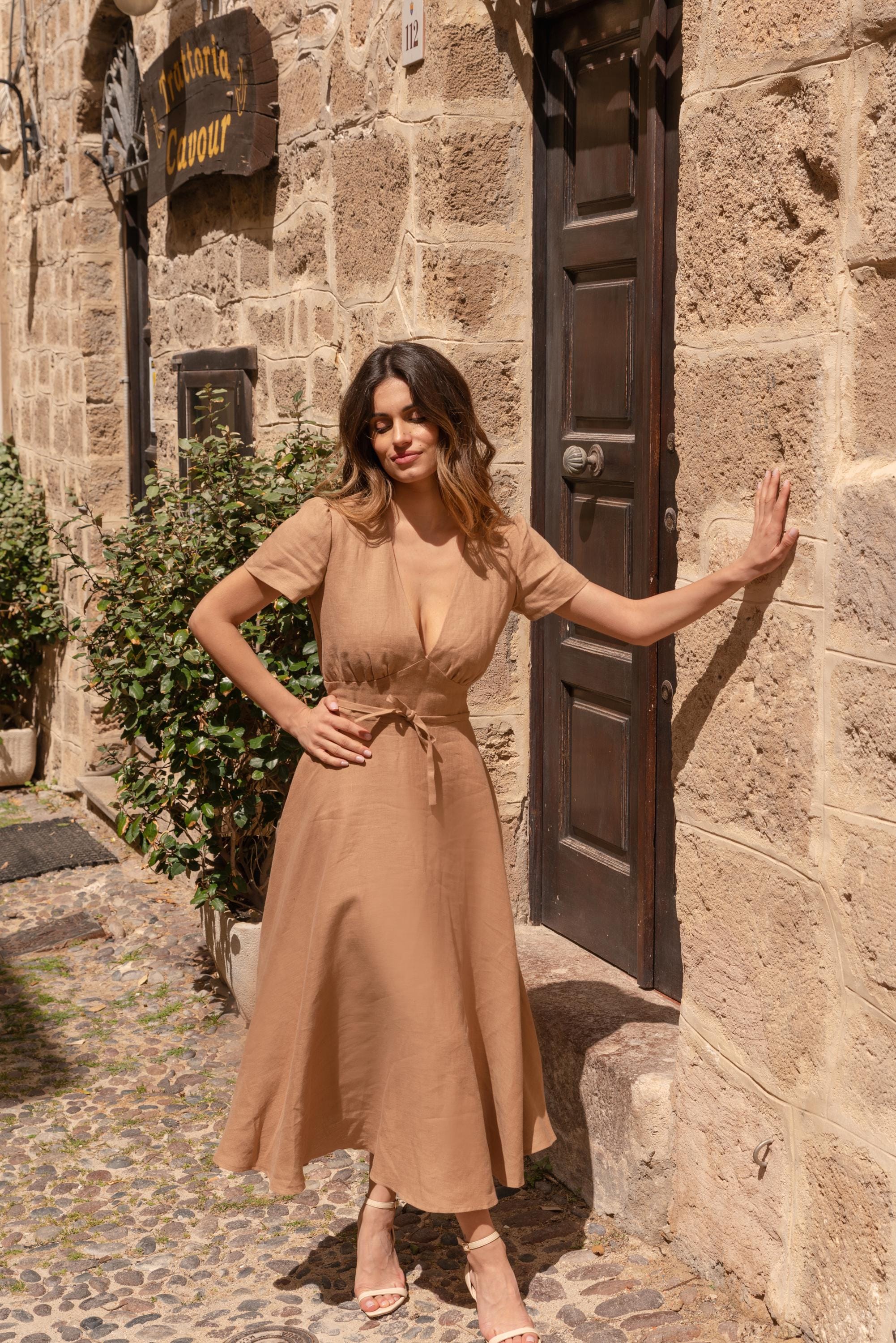 Linen Midi Dress: SICILY Fit & Flare V-Neck Summer Dress