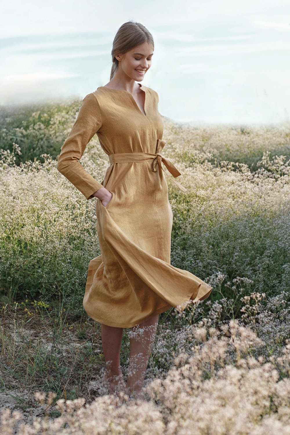 Elaine Linen Maxi Dress With Belt Elaine Long Sleeve A-Line, 32 Colors