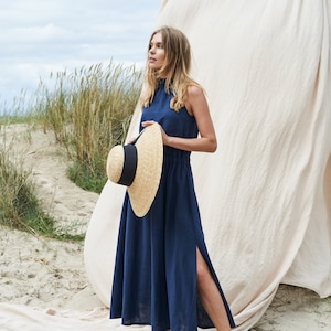 Maxi Linen Dress: High Neck A-Line Gown with Pockets