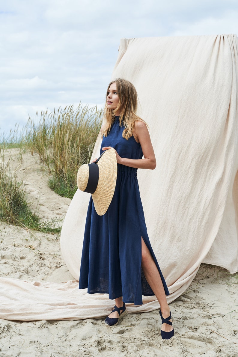 Maxi linen high neck dress ALICIA, Long linen dress with pockets, Elegant linen a line dress, Maxi bridesmaid dress, Occasion dress image 1