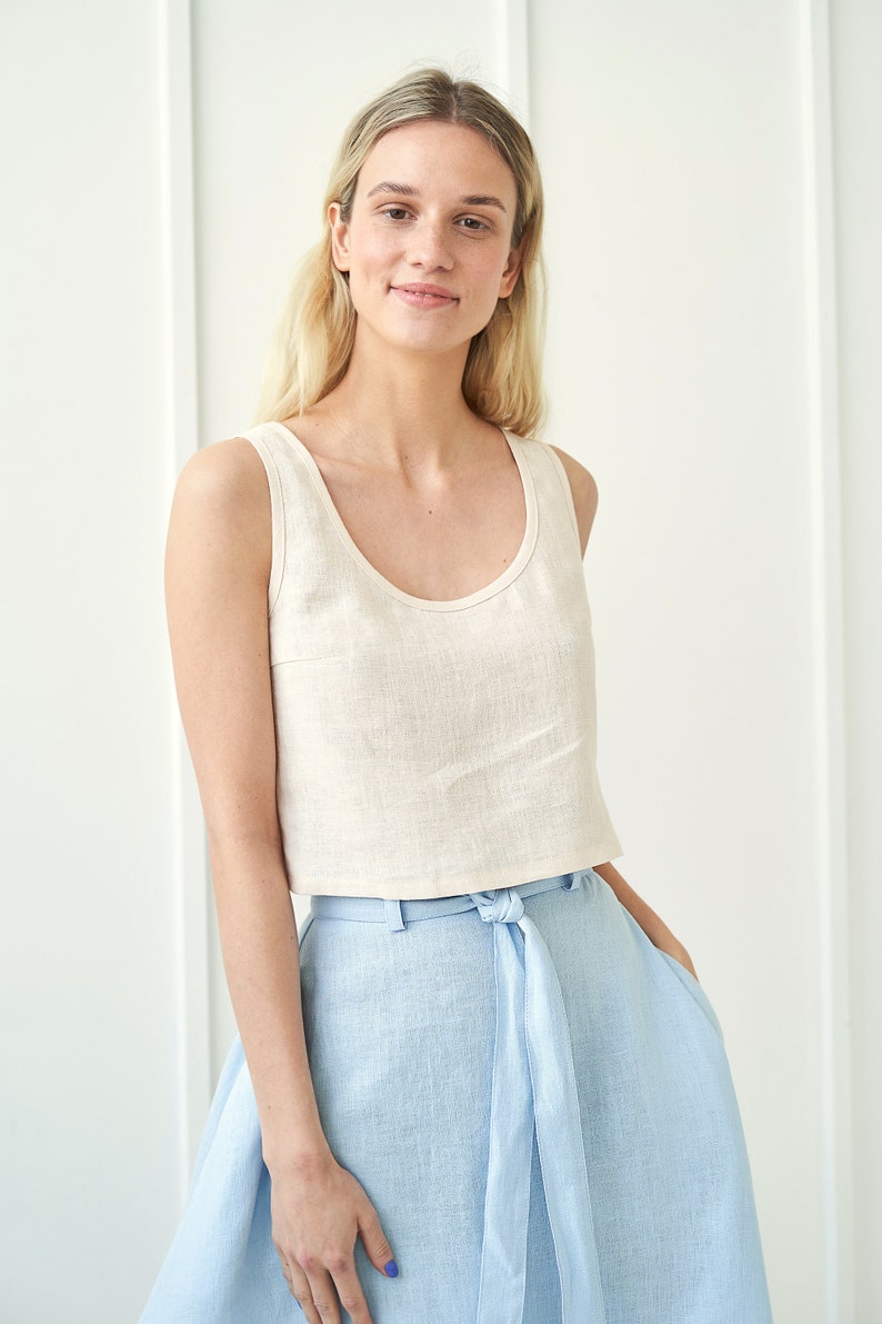 Linen crop top STELLA, Linen tank top, Linen sleeveless top, Natural linen top, Scoop neck crop top for woman, Linen casual top image 8