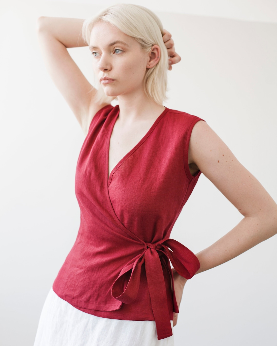 Linen Wrap Top LYDIA, Ruby Red Linen Top for Woman, Linen Wrap Blouse