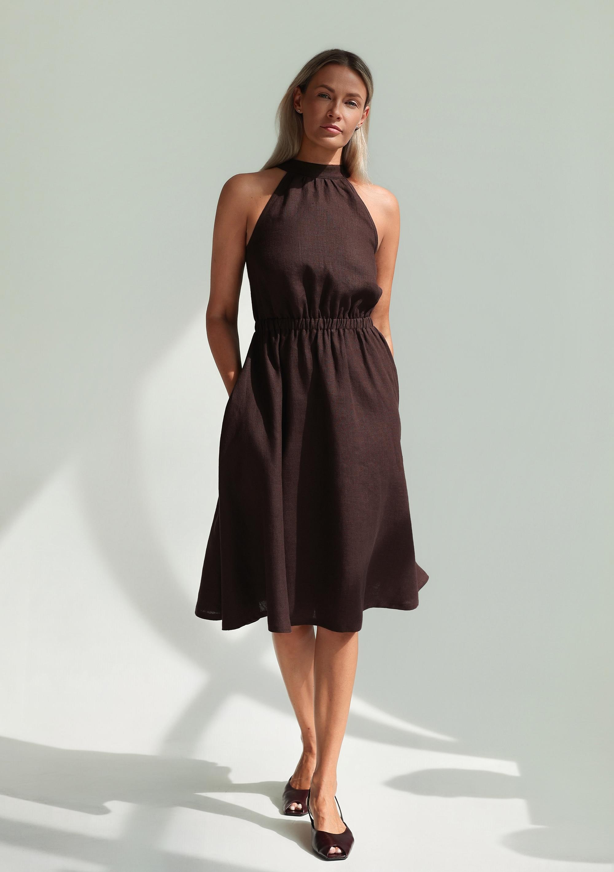 Linen Midi Dress ESTELLE: High Neck A-Line, Rubber Waist Linen Midi Dress ESTELLE: High Neck A-Line, Rubber Waist