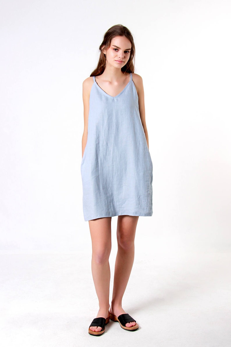 Loose Linen Dress Bluish Grey Linen Dress Linen Dresses for woman GIA dress Linen Tank Dress Linen Tunic Dress Spaghetti Strap Dress