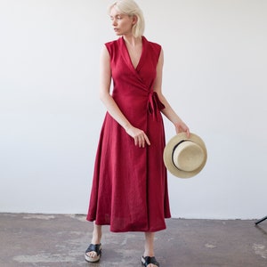 Wrap maxi dress SERENA, Linen wrap dress, Sleeveless linen dress Ruby Red