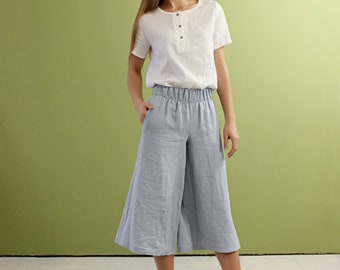 Linen Culotte Pants SIENNA, Linen Pants With Elastic Waistband
