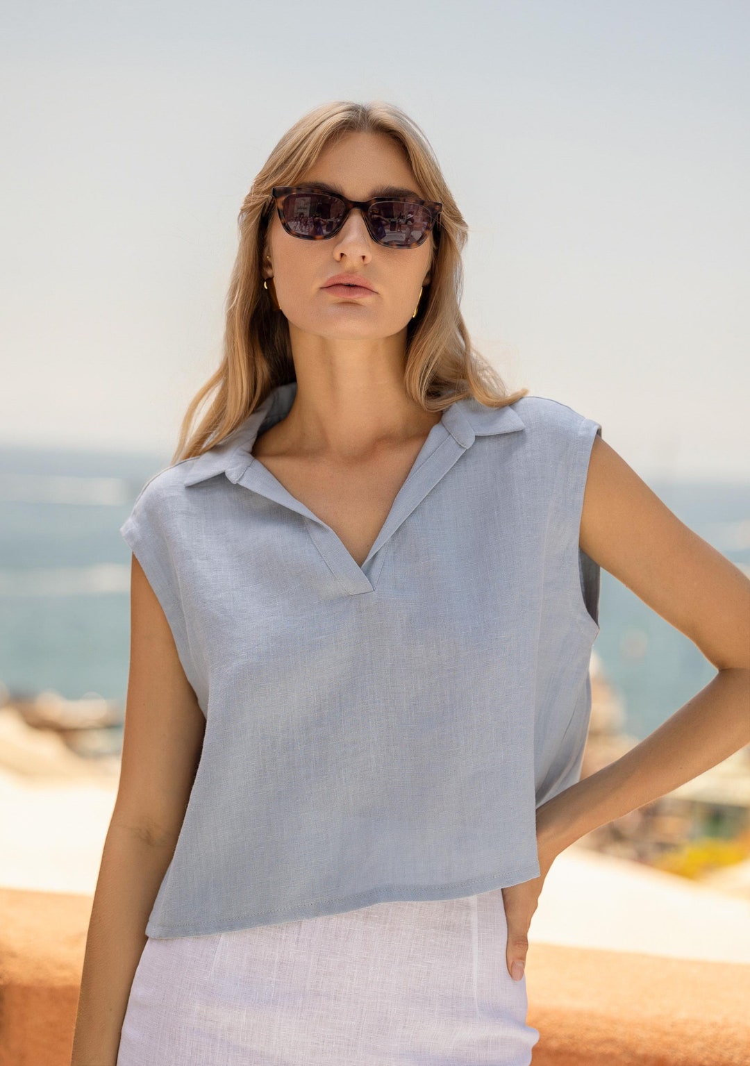 Relaxed Linen Crop Shirt MAGGIE, Loose Sleeveless Linen Top With Collar — free download