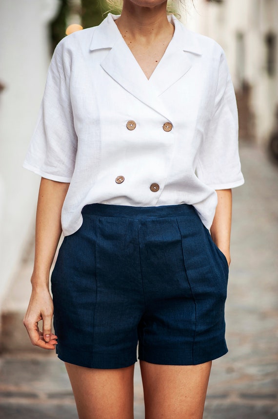 Double Breasted Linen Shirt SALMA, Linen Shirt Short Sleeves, Notched  Collar Linen Shirt, Linen Top, White Linen Top, Linen Top With Buttons 