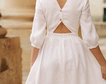 Linen wedding dress MADELEINE, V-neck dress with puff sleeves, Open back wedding dress, A-line dress for modern bride