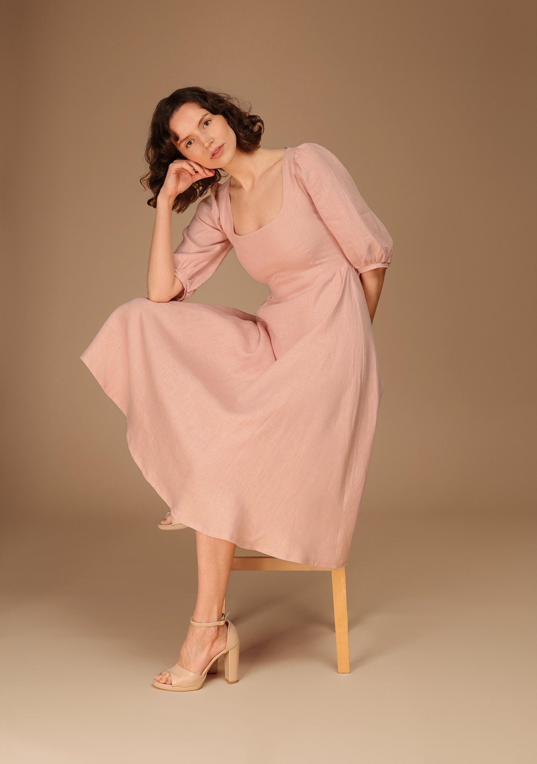 Square Neck Linen Midi Dress with Puff Sleeves and Flared Skirt
