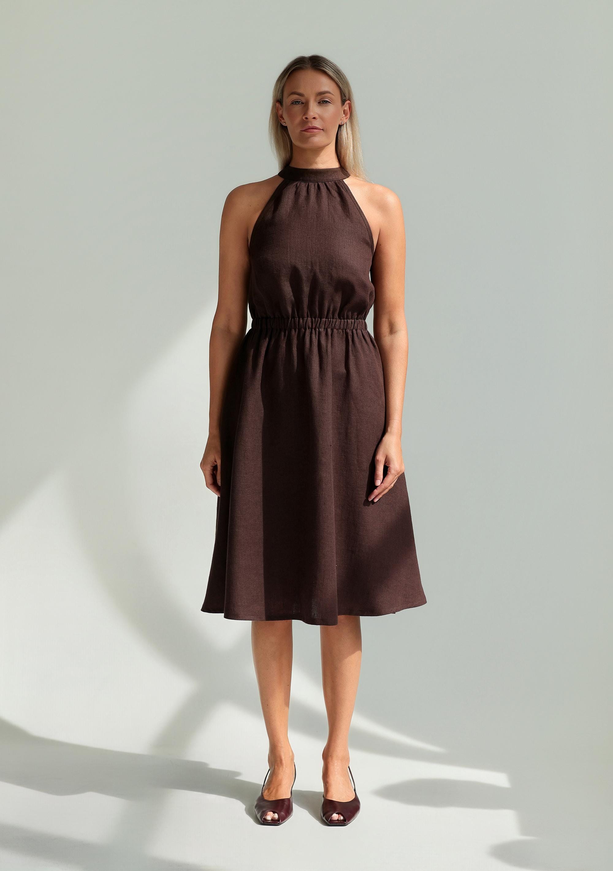 High neck linen dress ESTELLE, linen halter dress, Elastic waist dress, Flowy dress for woman, Brown linen dress