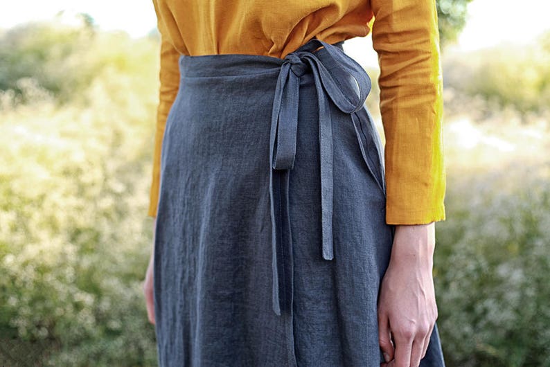 Linen wrap skirt FRIDA, Calf length linen skirt, A line wrap skirt, Charcoal linen skirt, Long linen skirt for woman image 4