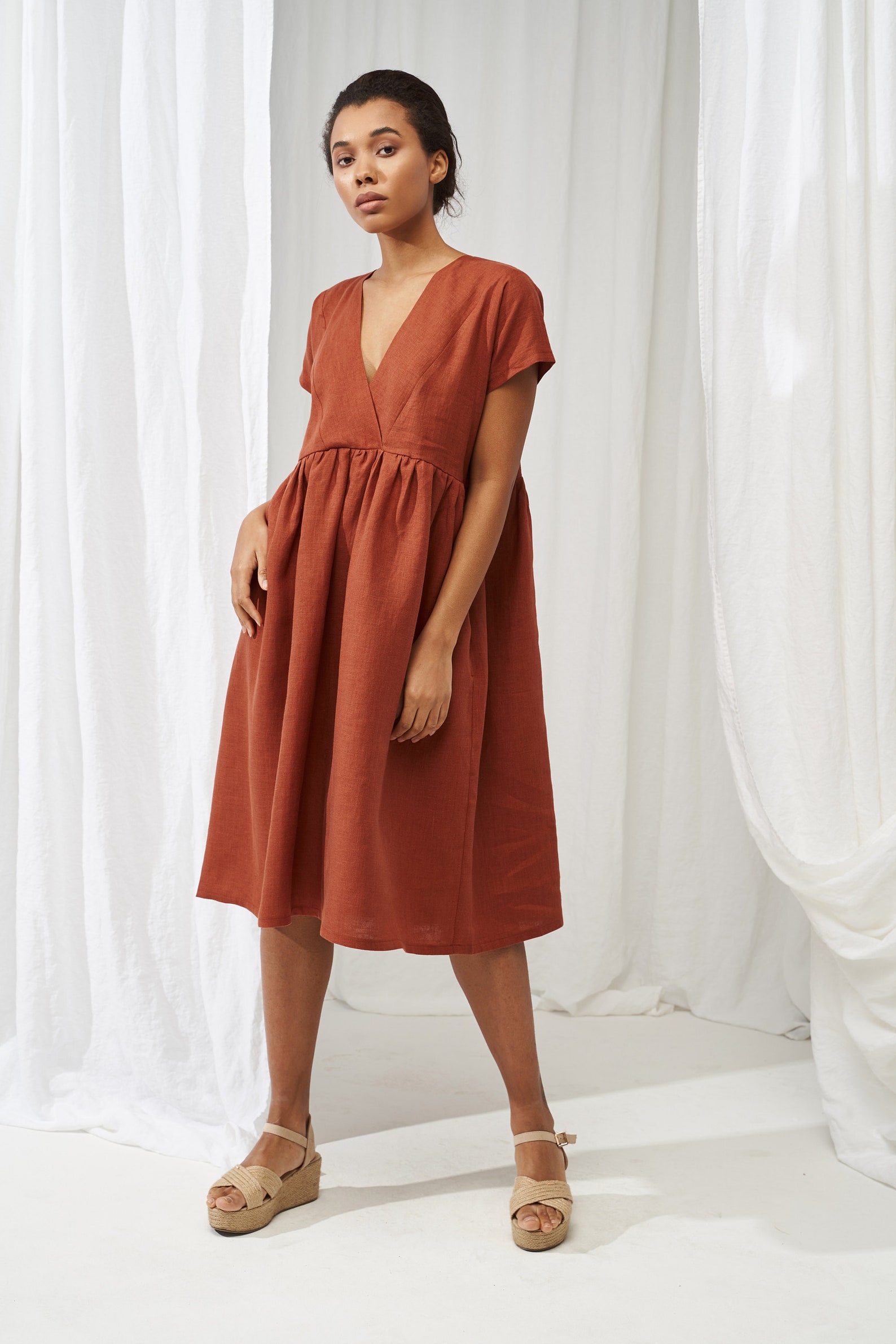 Deep V Neck Linen Dress VALENTINA, Linen Beach Dress, Loose Linen Dress ...