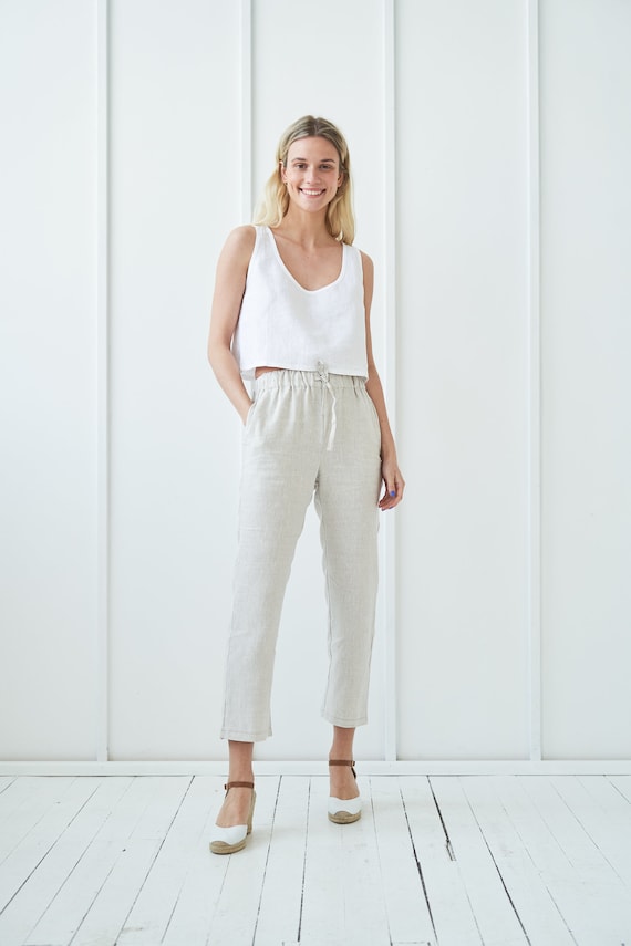 Linen Woman's Pants KAIA Linen Drawstring Pants in Crop - Etsy Denmark