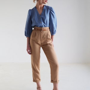 High waisted linen pants CHICAGO, Tapered linen pants, Linen pants for woman, Linen pants folded at the bottom, Vintage inspired pants Camel