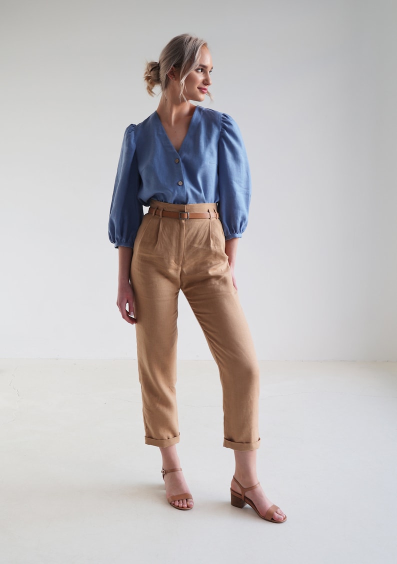 High waisted linen pants CHICAGO, Tapered linen pants, Linen pants for woman, Linen pants folded at the bottom, Vintage inspired pants Camel