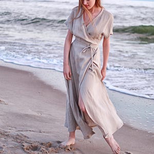 Wrap maxi dress DELILAH, Natural linen dress, Linen kimono dress with belt image 2