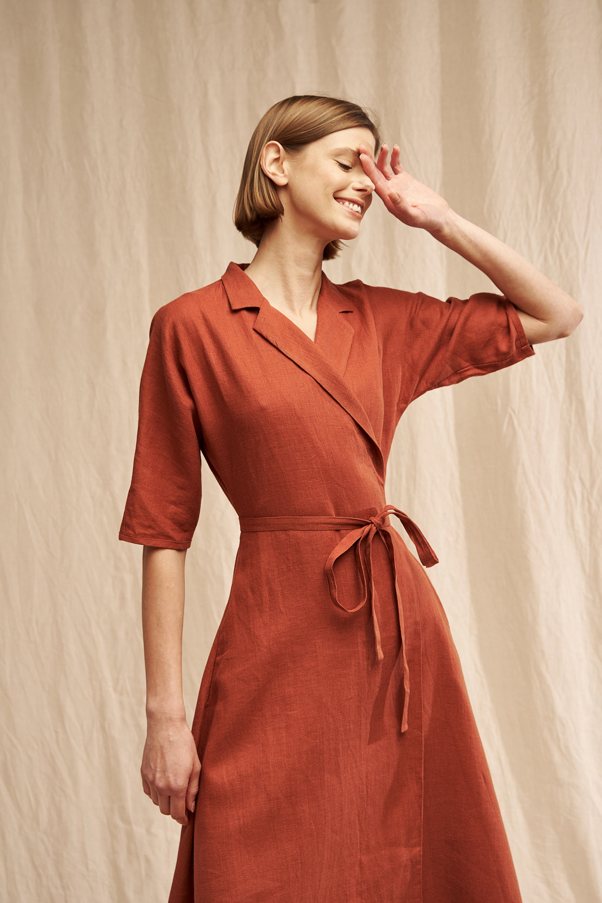 Linen Wrap Dress ATHENA: Navy Blue Midi Dress with Shawl Collar Linen Wrap Dress ATHENA: Navy Blue Midi Dress with Shawl Collar