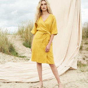 Linen wrap dress NOELLE, Linen dress in available in 27 colors, Linen kimono sleeve dress, Linen wrap dress, Short sleeve knee length dress Ceylon Yellow