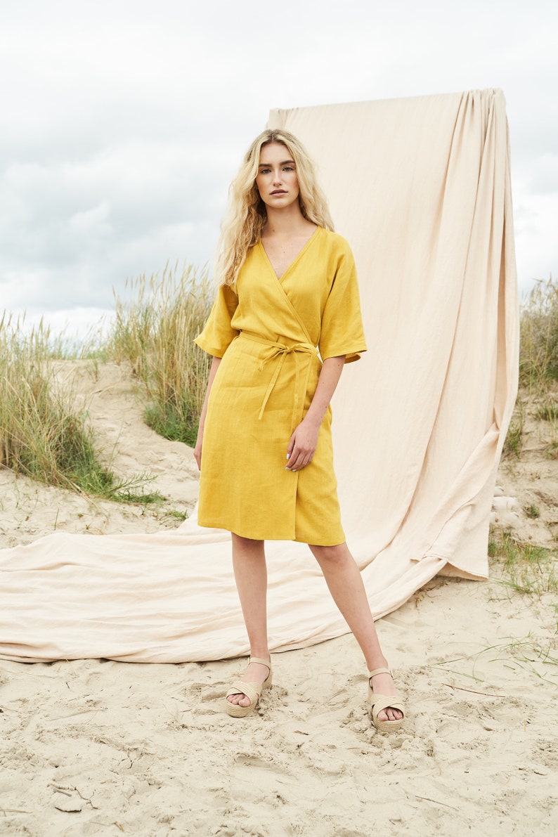 Linen wrap dress NOELLE, Linen dress in available in 27 colors, Linen kimono sleeve dress, Linen wrap dress, Short sleeve knee length dress image 4