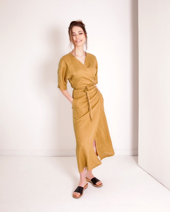 linen wrap dress etsy