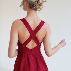 Cross back linen dress PAULA, Open back dress for woman, A line sleeveless summer dress with pockets, Flare vintage style dress image 3