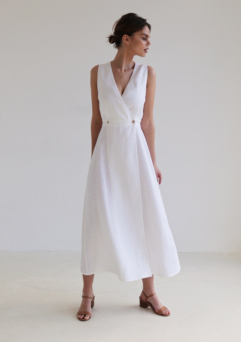 Maxi vestido de lino RIVIERA, Vestido largo sin mangas, Vestido cruzado de lino blanco, Vestido cruzado, Vestido de lino, Vestido de verano, Vestido de lino natural imagen 2